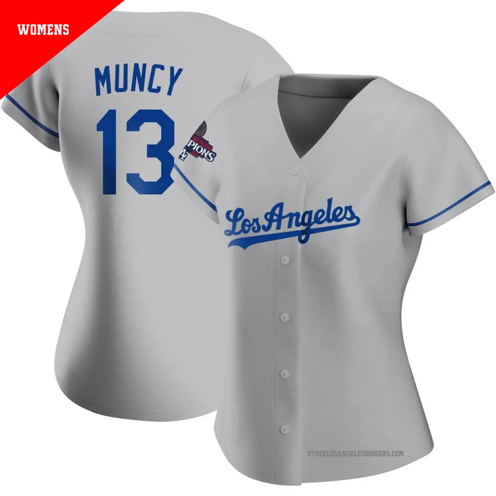 Women s 13 Max Muncy Los Angeles Dodgers Gray Replica Road 2024 World Series Champions Jersey